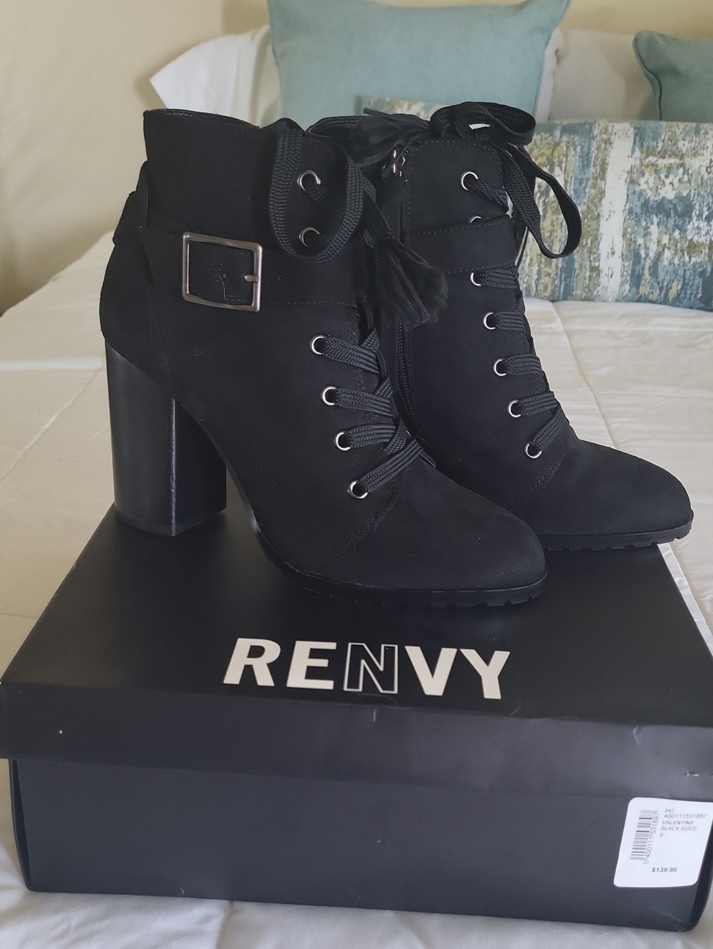 NWT Renvy Valentina Black Suede Lace-Up with Buckle Block Heel Ankle Boots